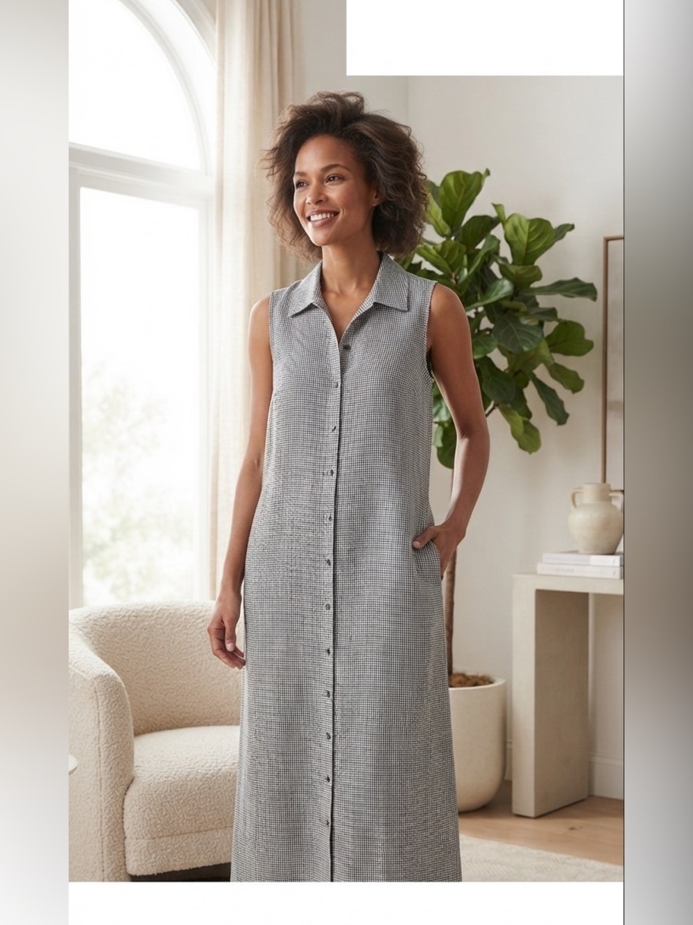 Eileen Fisher Sz L Black White Checked Linen Sleeveless Button Maxi Shift Dress